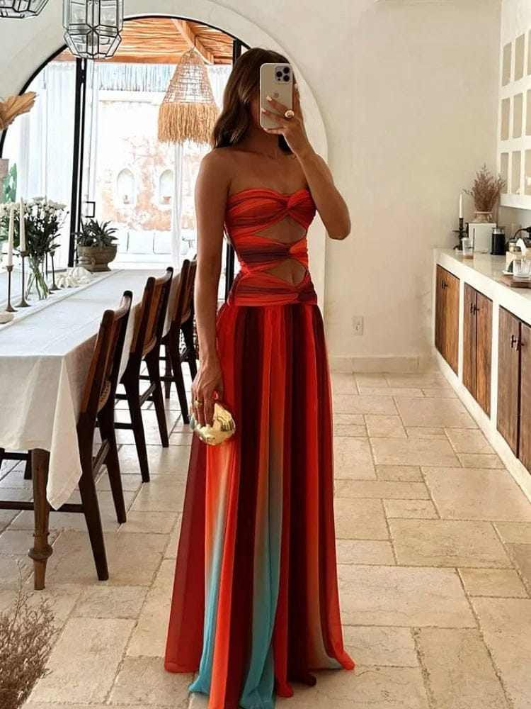 Dames Strapless Maxi Jurk Gedraaide Buste Taille Openingen Verloop Rood
