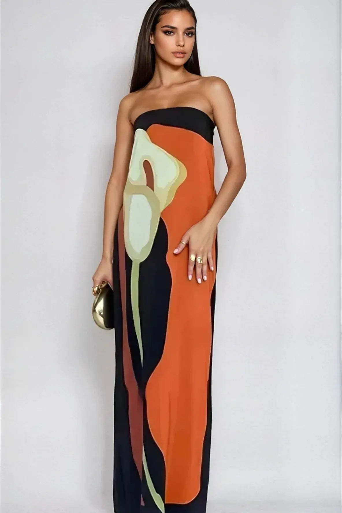 Dames Straploze Maxi Jurk Met Abstracte Print