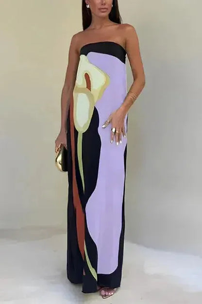 Dames Straploze Maxi Jurk Met Abstracte Print