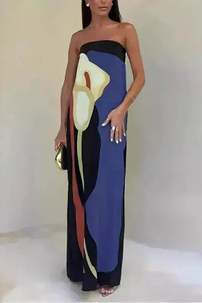 Dames Straploze Maxi Jurk Met Abstracte Print