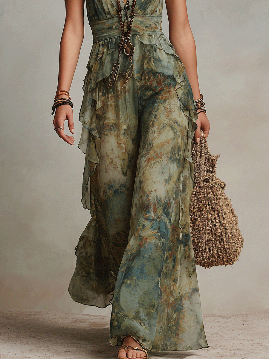 Dames Wide Leg Jumpsuit Met Bloemenprint En Ruches