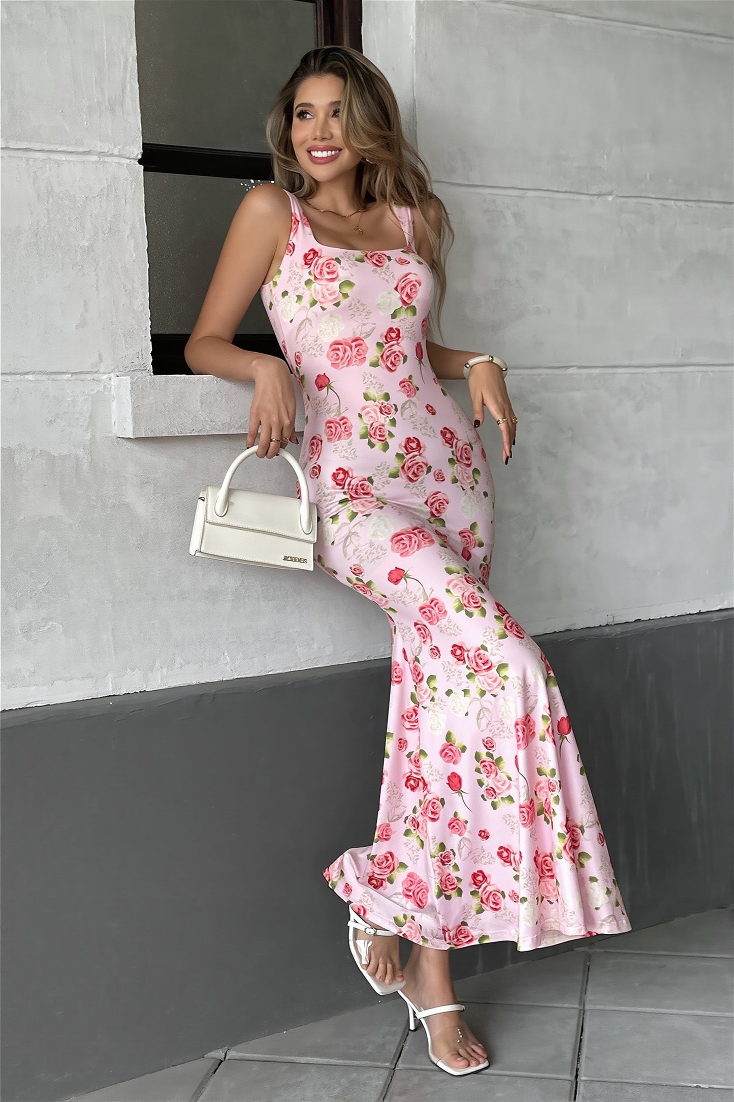 Dames Bloemenprint Maxi Jurk Met Vierkante Hals