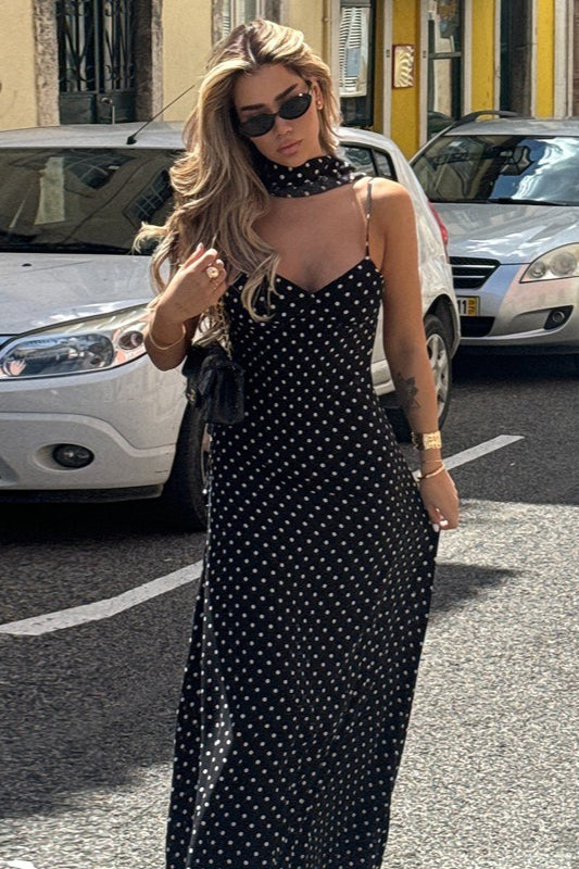 Zwarte polkadot maxi jurk met V-hals en open achterkant