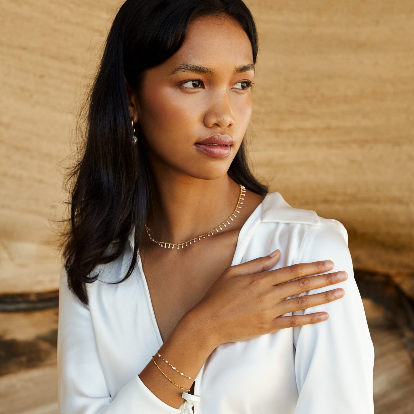 Dubbelgewikkelde witte armband met kralen voor dames