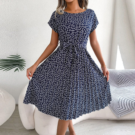 Donkerblauwe Boheemse Zomerjurk met Bloemen