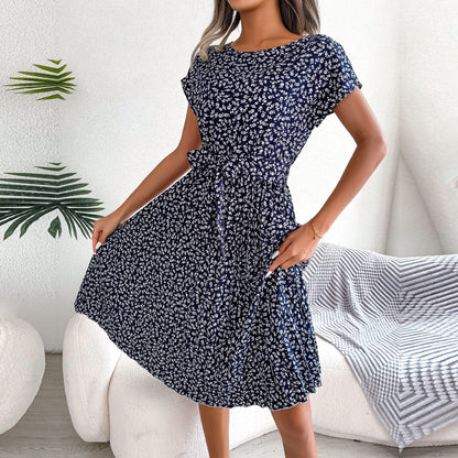Donkerblauwe Boheemse Zomerjurk met Bloemen