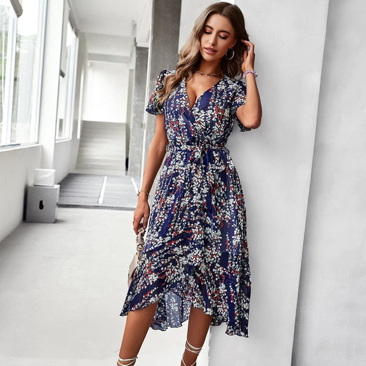 Donkerblauwe Midi Jurk met Bohemian Bloemen Print