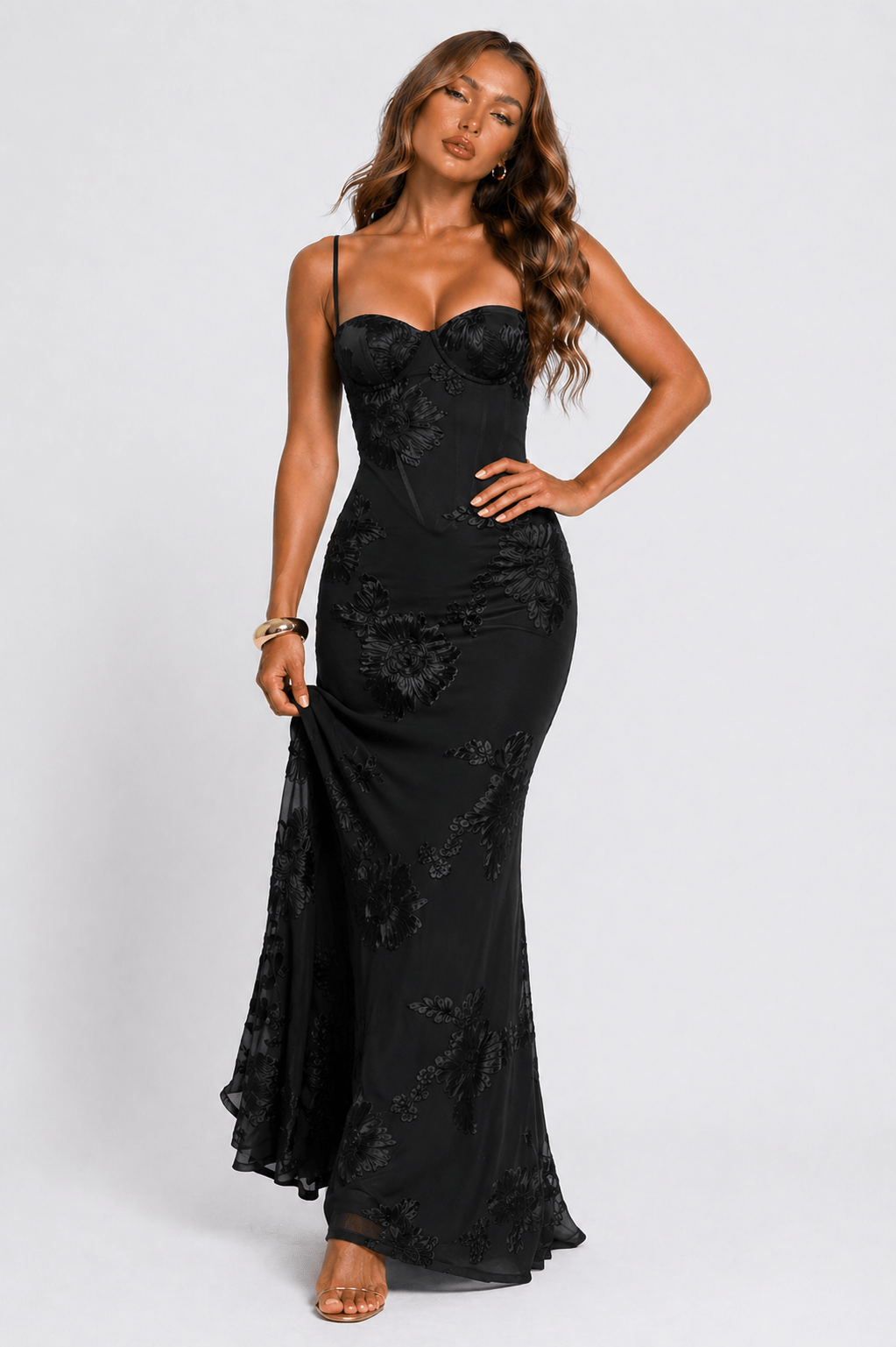 Dames Maxi Jurk Met Bloemenjacquard En Corsetpasvorm