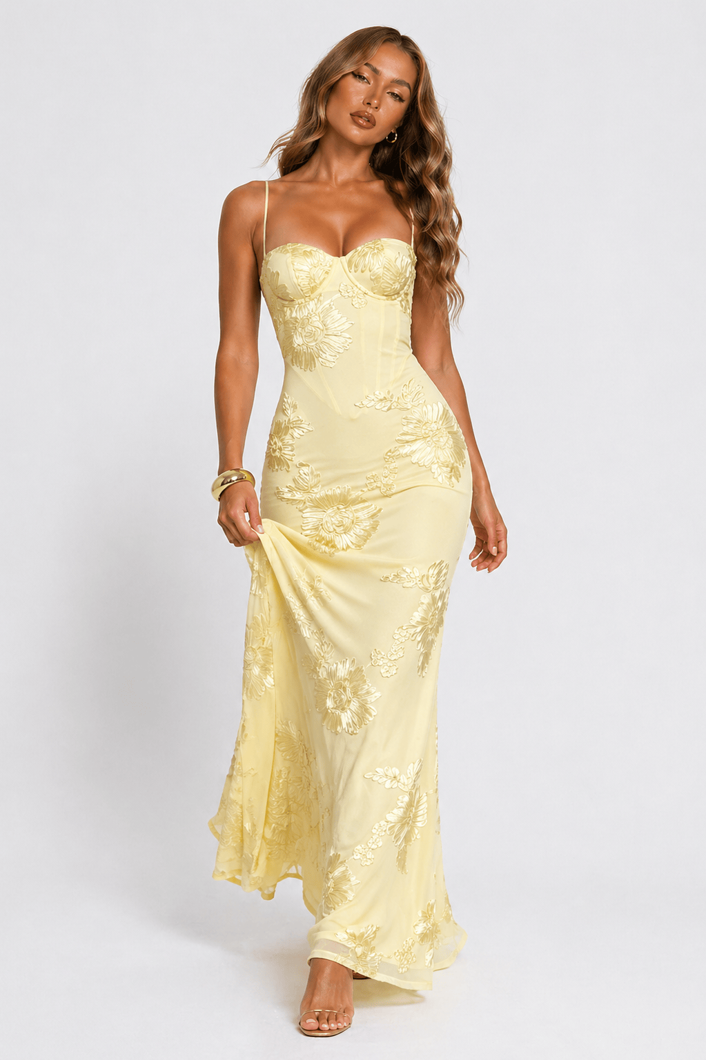 Dames Maxi Jurk Met Bloemenjacquard En Corsetpasvorm