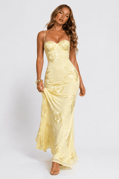 Dames Maxi Jurk Met Bloemenjacquard En Corsetpasvorm