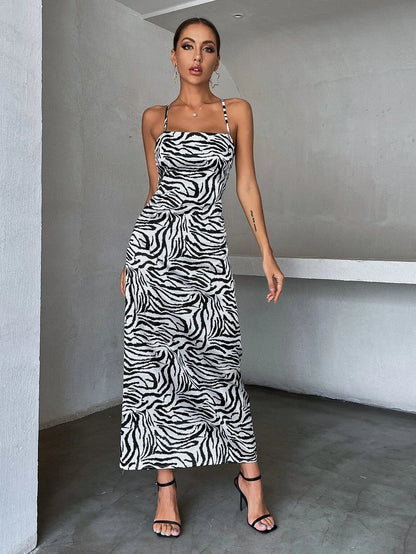 Midi-jurk met satijnen zebraprint zwart-wit
