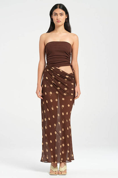 Strapless maxi-jurk met polkadot patchwork en slanke pasvorm