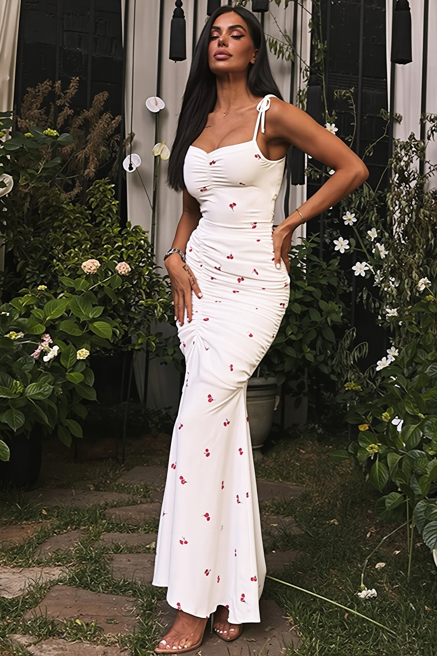 Dames maxi jurk met print en split, voorkant in volledige lengte