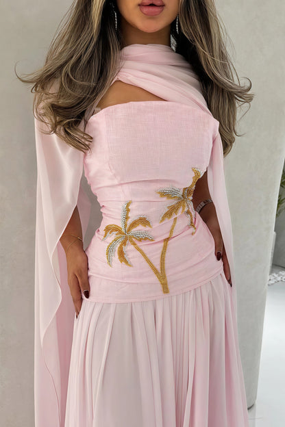 Chiffon Cape Maxi Jurk met Parels Roze