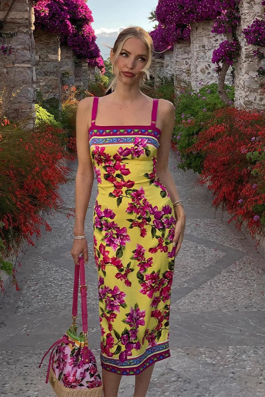 Slim Fit Midi Jurk met Etnische Print en Overslag Geel