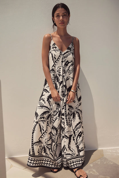 Dames maxi jurk met bladprint en losse pasvorm in boho stijl