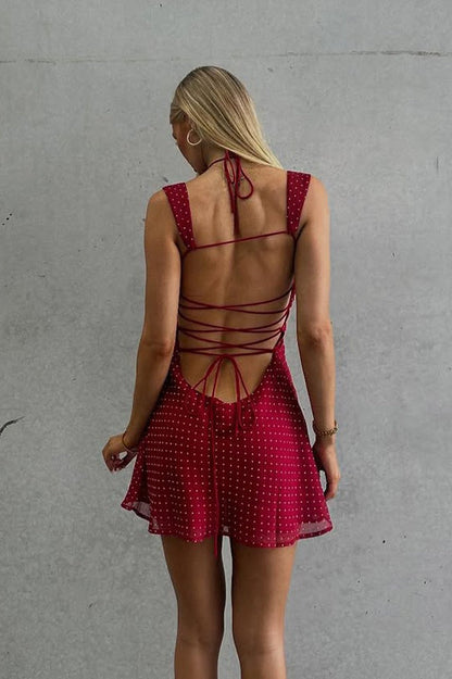Rode Chiffon Minijurk met Polkadots, Open Rug en Strikjes