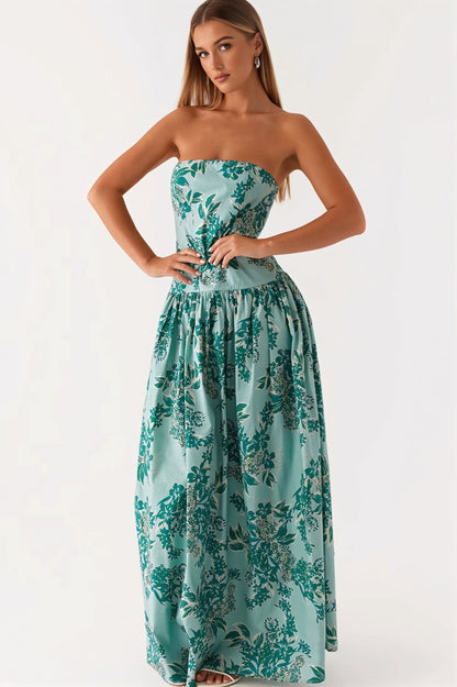 Dames Maxi Jurk Met Bandeauhals En Print