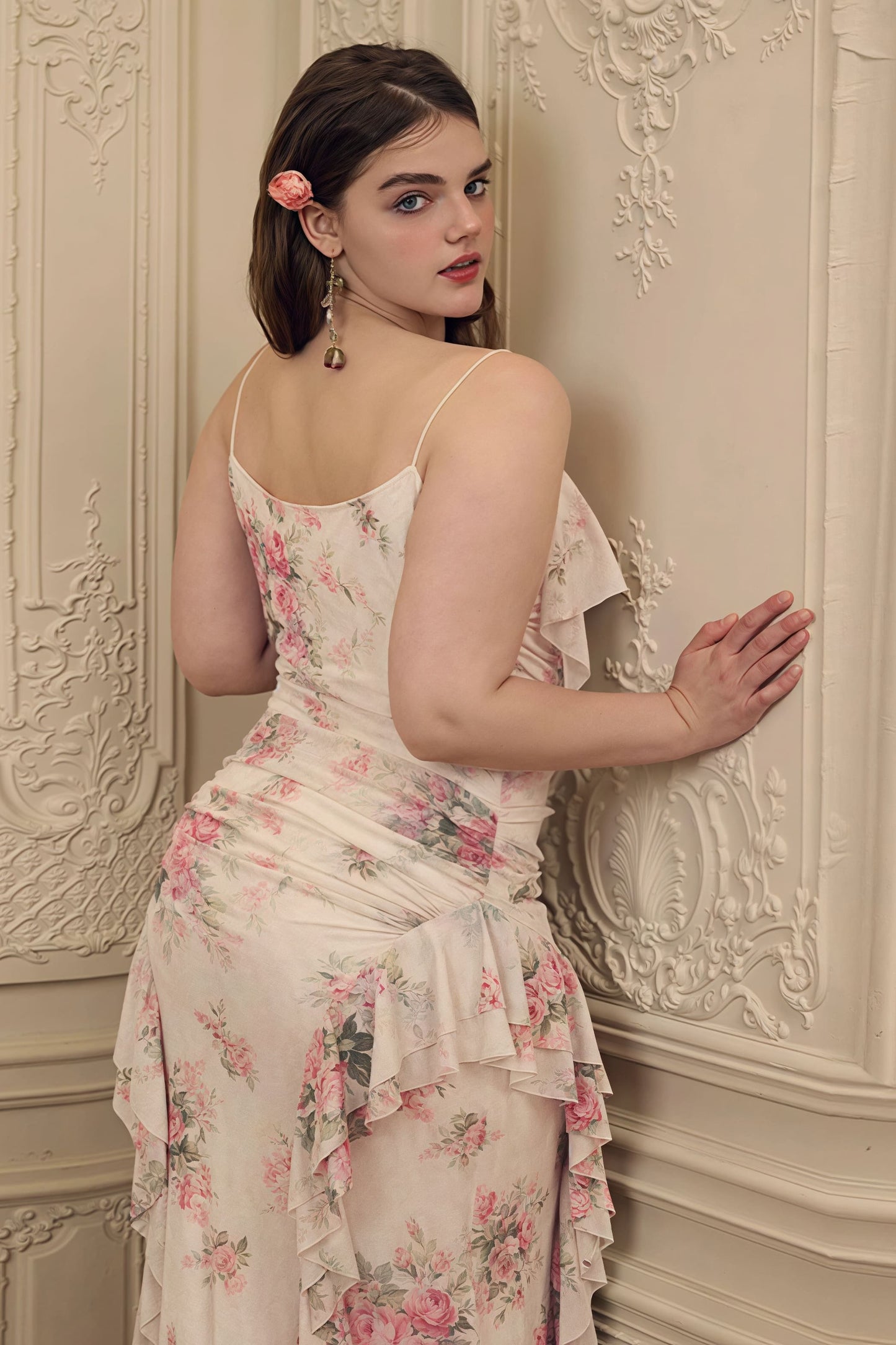 Asymmetrische ruches bloemen maxi-jurk roze