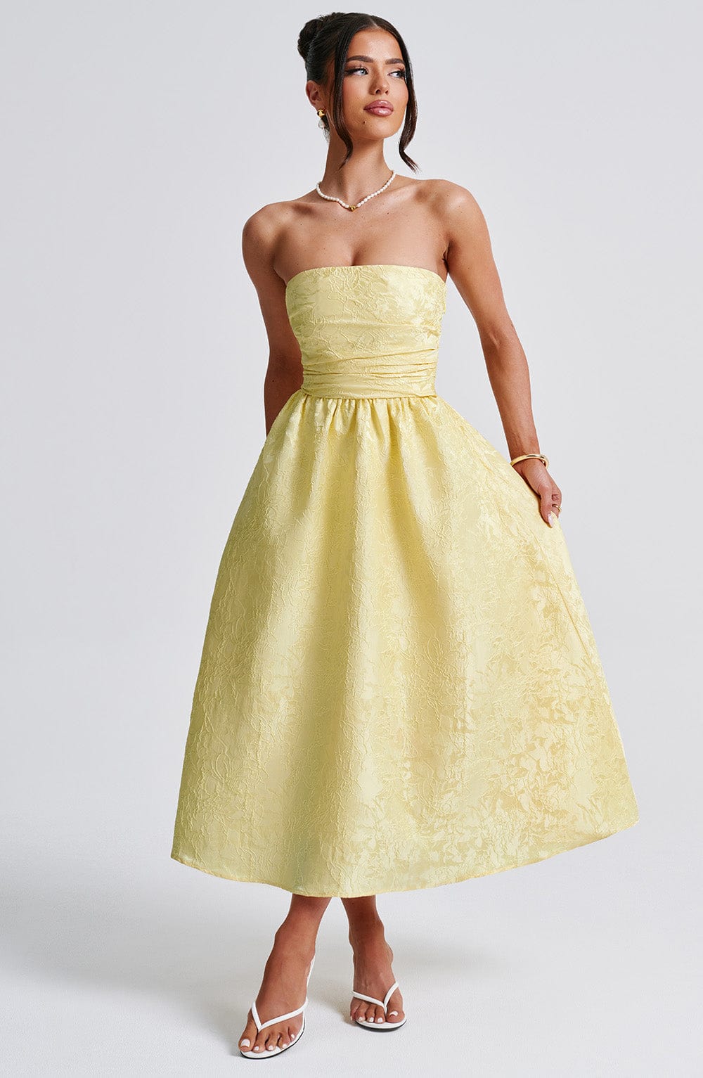 Bloemenjacquard Strapless Plissé Midi-jurk Citroen