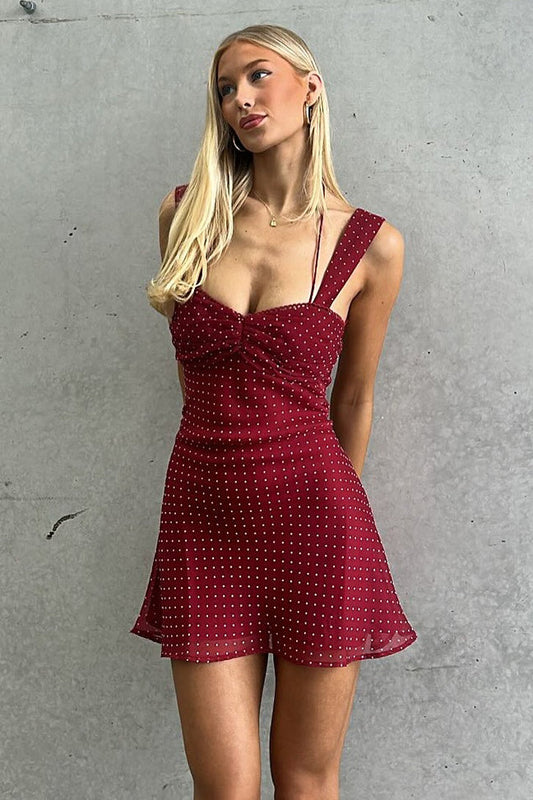 Rode Chiffon Minijurk met Polkadots, Open Rug en Strikjes