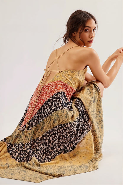 Dames lange jurk met colourblock print, stijlvolle boho zomerlook