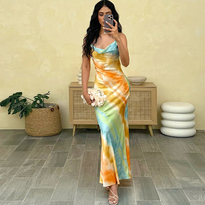 Satin Backless V-hals Slingjurk Kleurrijk