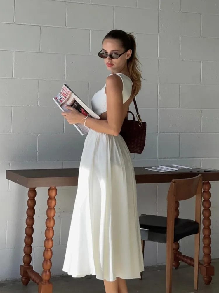 Elegant Backless Women White Sleeveless Midi Dress Fashion Slim O-neck Pleated Hem A-line Dresses Summer Female Chic Party Robes