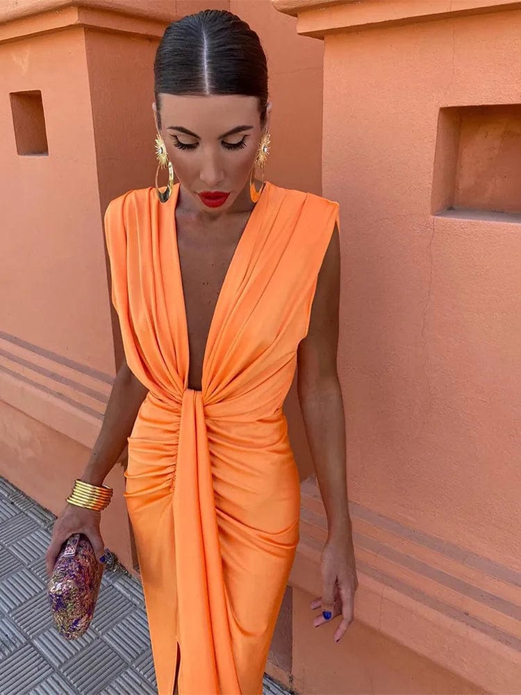 Elegant Solid Pleated Women Midi Dress Sexy Deep V-neck Sleeveless Split Bodycon Dresses 2024 Summer Lady Party Club Robes