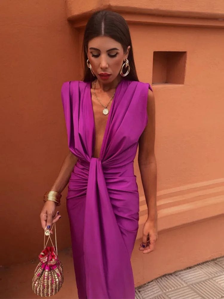 Elegant Solid Pleated Women Midi Dress Sexy Deep V-neck Sleeveless Split Bodycon Dresses 2024 Summer Lady Party Club Robes