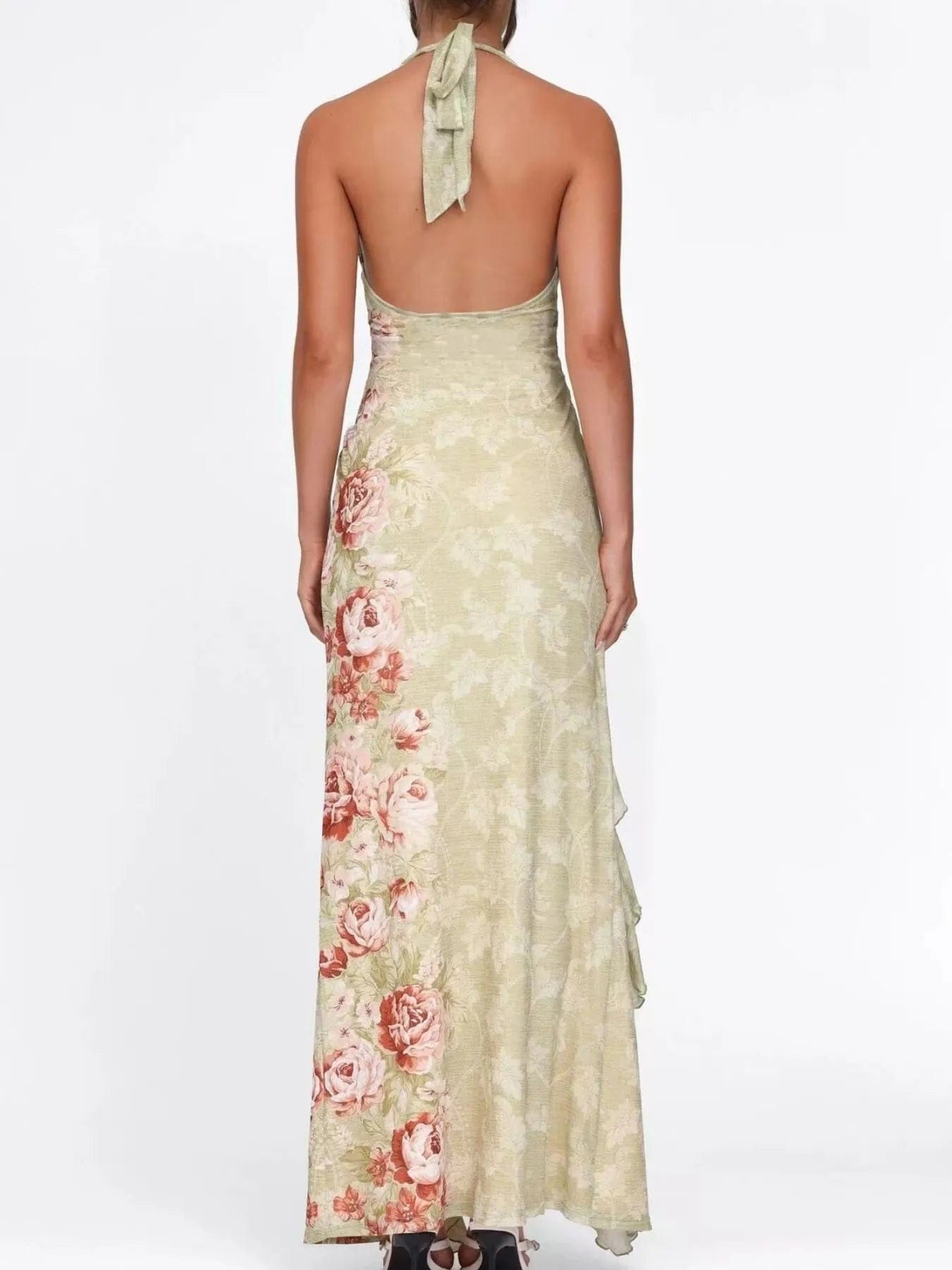 Maxi-jurk met bloemenprint en halternek met plooien in geel