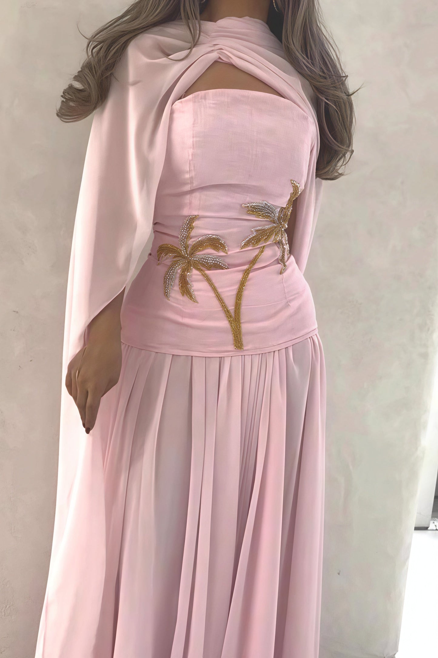 Chiffon Cape Maxi Jurk met Parels Roze