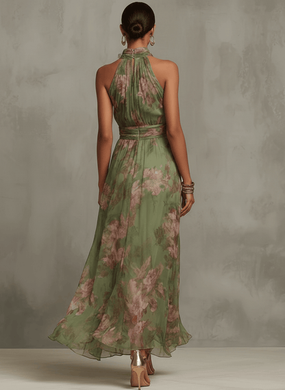 Chiffon maxi-jurk met bloemenprint en halternek groen