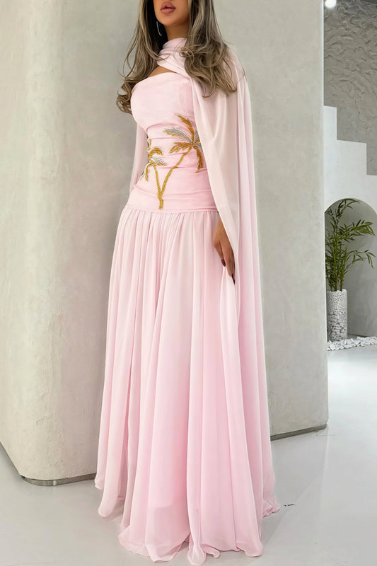 Chiffon Cape Maxi Jurk met Parels Roze
