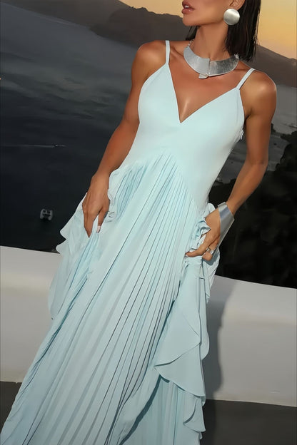 Plissé gelaagde swing maxi jurk blauw