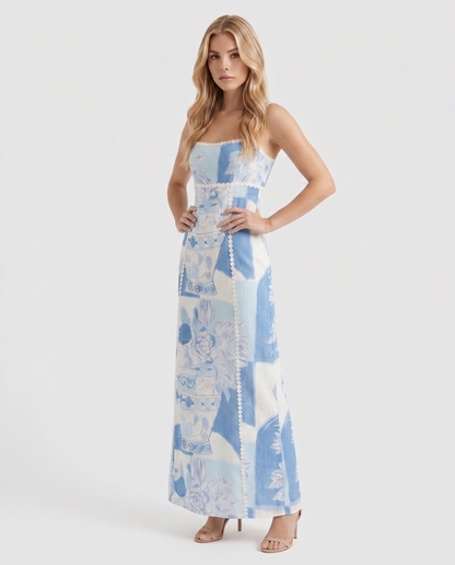 Maxi-jurk met strapless en Mediterrane print