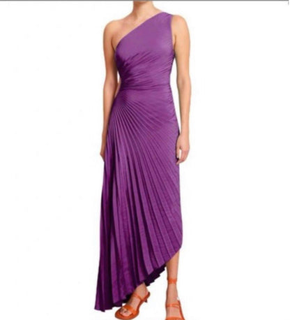 Asymmetrische geplooide midi-jurk met één schouder van poly-georgette