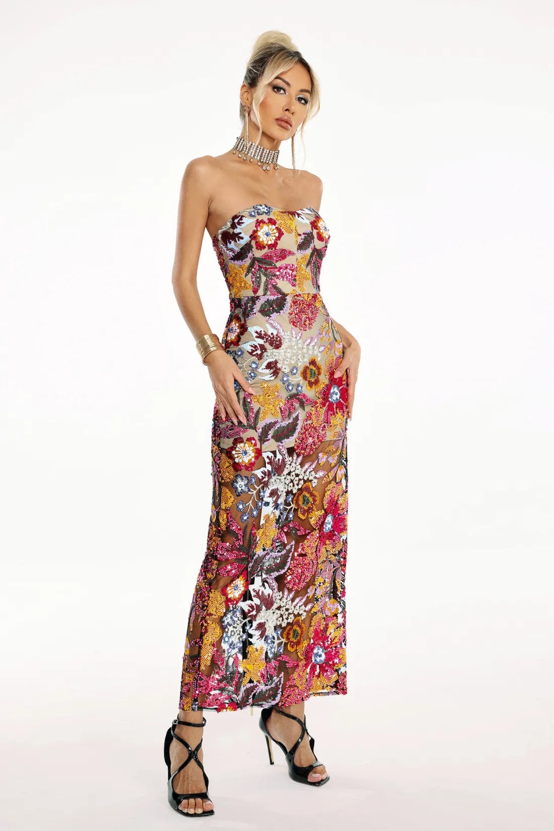 Geborduurde Pailletten Strapless Maxi Jurk zonder Rug Paars