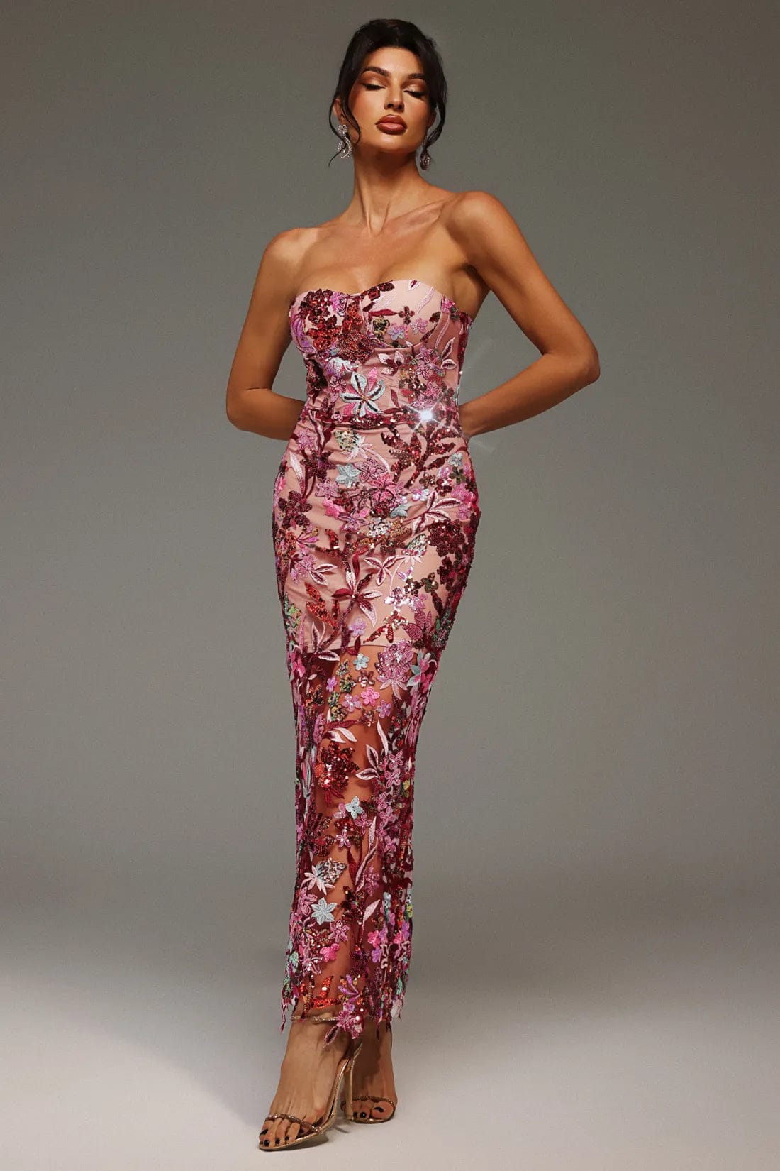 Geborduurde Pailletten Strapless Maxi Jurk zonder Rug Paars