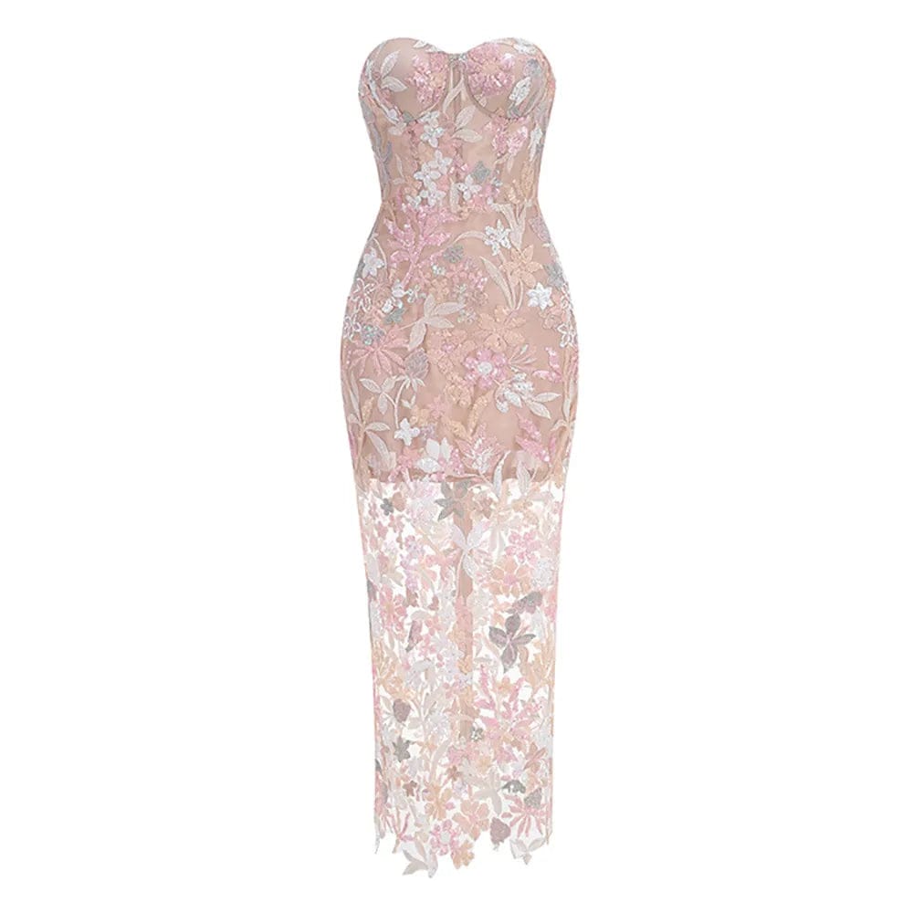 Geborduurde Pailletten Strapless Maxi Jurk zonder Rug Paars