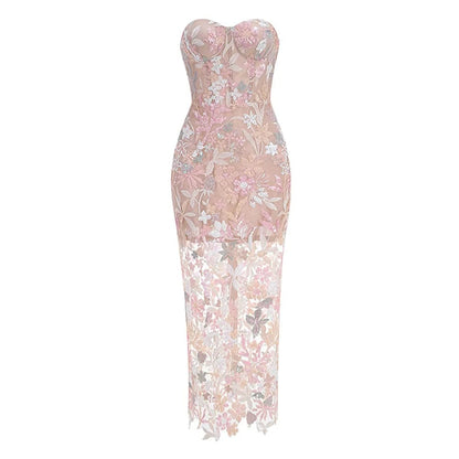 Geborduurde Pailletten Strapless Maxi Jurk zonder Rug Paars