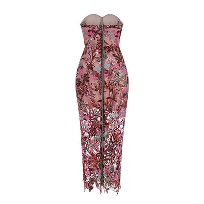 Geborduurde Pailletten Strapless Maxi Jurk zonder Rug Paars