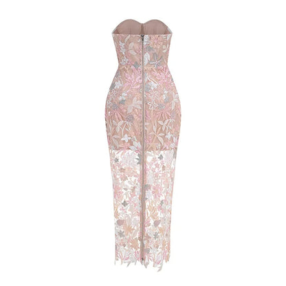 Geborduurde Pailletten Strapless Maxi Jurk zonder Rug Paars