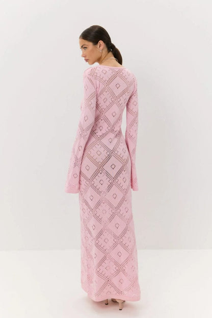 Gebreide Argyle Jacquard Maxi Jurk met Lange Mouwen