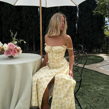 Gele Midi Jurk Met Bloemen Print En Corset Top