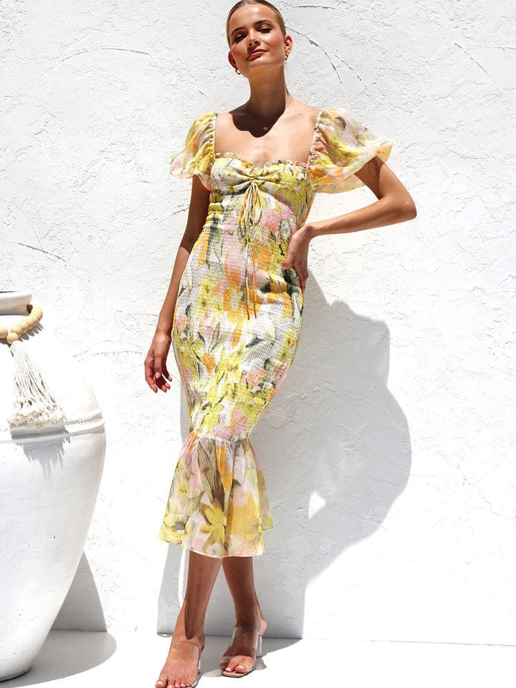 Gele Midi Mermaid Jurk Met Puff Mouwen