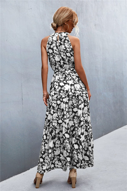 Geprinte Mouwloze Maxi Jurk met Tailleband
