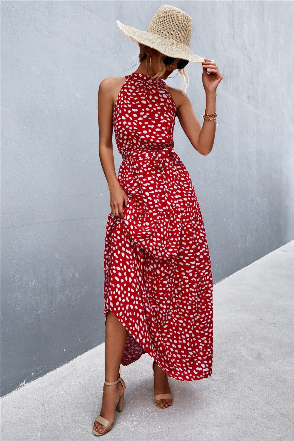 Geprinte Mouwloze Maxi Jurk met Tailleband