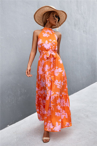Geprinte Mouwloze Maxi Jurk met Tailleband
