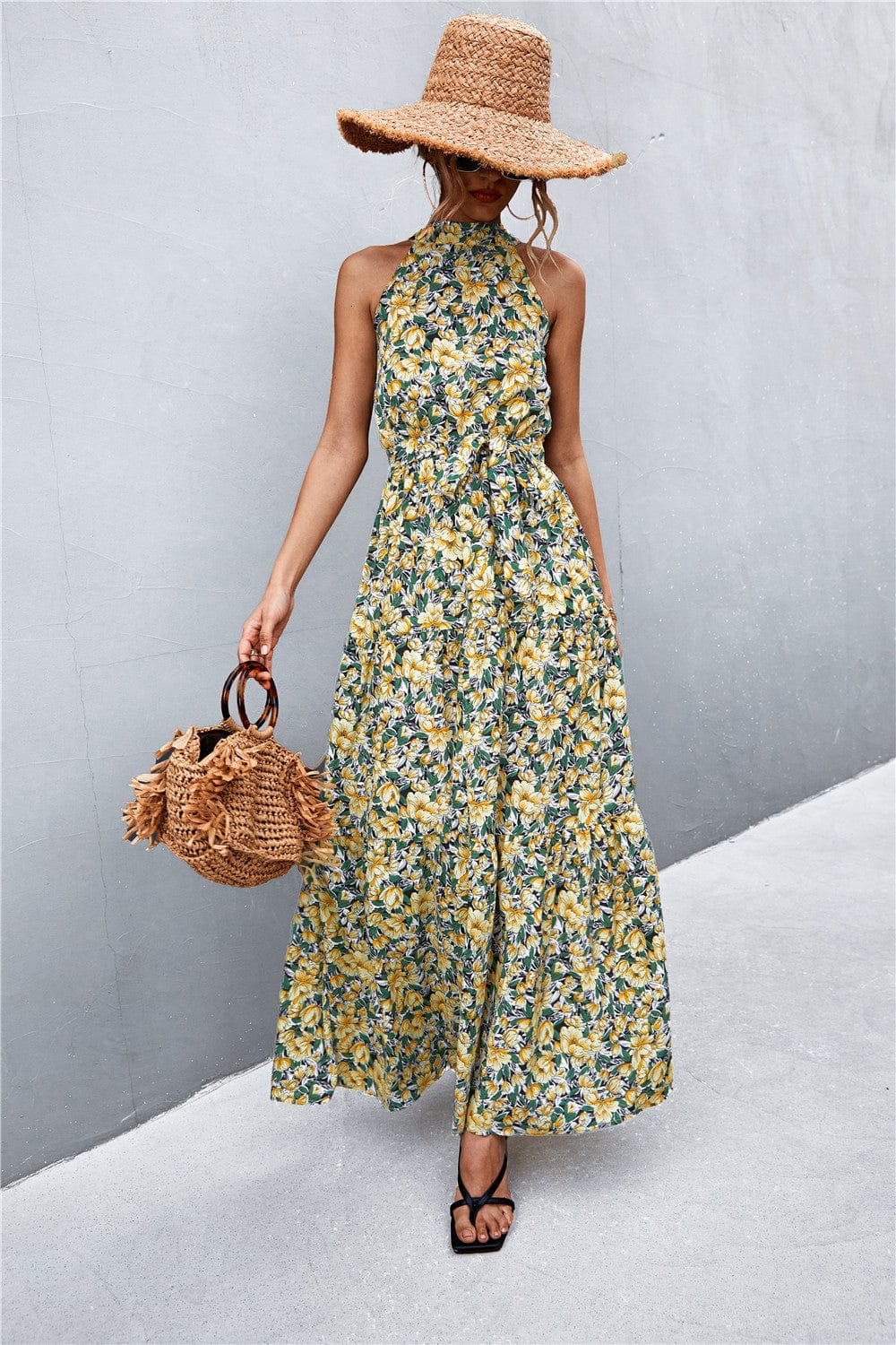 Geprinte Mouwloze Maxi Jurk met Tailleband